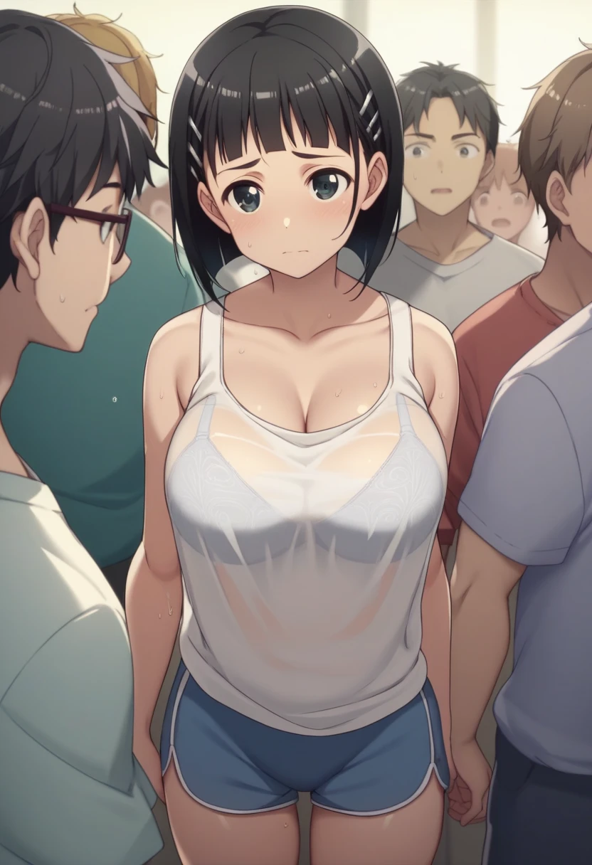 Best Quality、masterpiece、 girl１people、 short hair、Black Hair、Big Breasts、Re-suguha 、Kirihara Naoha 、 perfect body、tank top black、Bloomers、White Bra、 Sports Fields、　shirt mismatch 　Bra visible　Wet Shirt　Hold your chest with your arms　Middle-aged man　Sneaking up　Harassment　The tank top is misaligned to below the chest　 high angle　down　blouse、See-through bra　　crowd　Spectacle　Middle-aged manがremoving shirt、