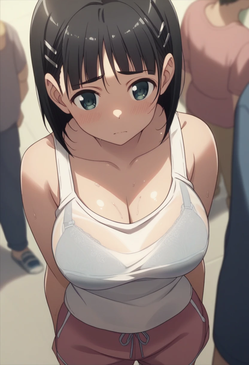 Best Quality、masterpiece、 girl１people、 short hair、Black Hair、Big Breasts、Re-suguha 、Kirihara Naoha 、 perfect body、tank top black、Bloomers、White Bra、 Sports Fields、　shirt mismatch 　Bra visible　Wet Shirt　Hold your chest with your arms　Middle-aged man　Sneaking up　Harassment　The tank top is misaligned to below the chest　 high angle　down　blouse、See-through bra　　crowd　Spectacle　Middle-aged manがremoving shirt、