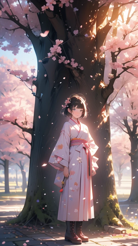 sfw,最高masterpiece,Best Quality,  OFFICIAL ART, Advertising Photos,masterpiece,(1 person:2.0),  Neutral Male ,Dress neatly,(7 heads), Black Hair ,( short bob cut hair), flat chest,(Cherry blossom pattern furuncle ),(Purple Hakama, beautiful gradation hakama),Maxi length hakama , obi shaped like a flower,pink belt , brown lace up boots,Cherry blossom trees,standing,smile, soft writing,Hair accessories