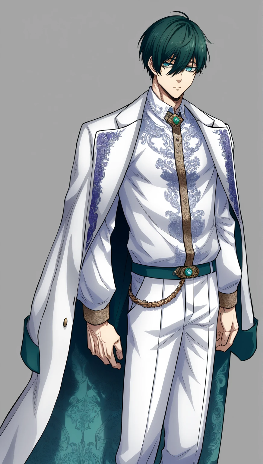 (simple background, grey background), ((full-body)), feet out the frame, standing, 1boy, itoshi rin, Blue Lock, closed mouth, extremely detailed face and eyes, teal eyes, dark green hair, short hair, solo, sexy man, handsome, White Male Fantasy Clothes, coat on shoulders, white shirt, pants, (masterpiece, best quality, HDR, absurd resolution, high resolution, ultra detailed)