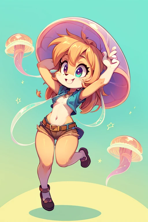 Masterpiece, beautiful, 4k, detailed, intricate details, , change, mono, jean mono, cuffed mono, by rubio, long blonde pigtails, hair braces, pink hair bow balls, long flowing pigtails, soft blue eyes, soft smile, slight smile, hands behind, standing on the tips of your feet, 1 girl, swinging, shirtless, mono over skin, bare shoulders, bare sleeves, bare arms, medium sized breasts, neckline, neckline behind mono, Looking forward, side cut, torso sohown, bare breasts, pink nipples, pechos beautifuls, explicit, porn, sex
