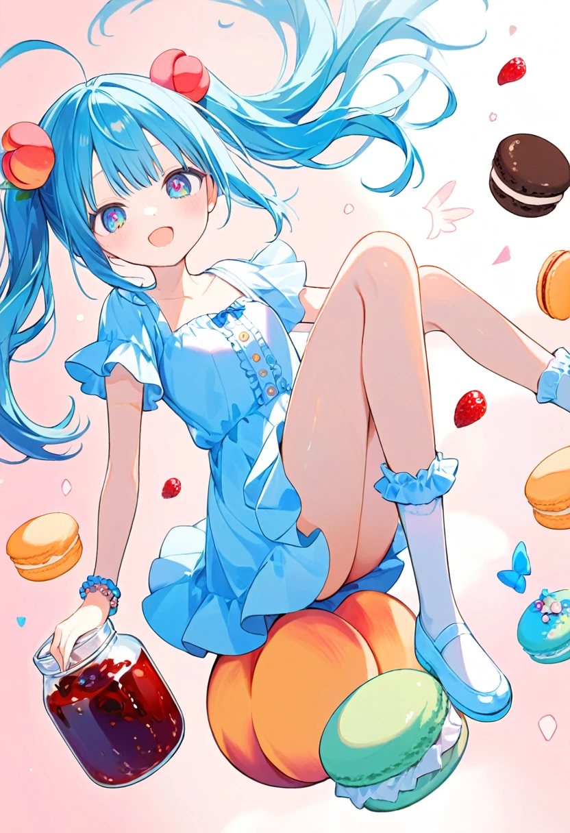 masterpiece, best quality, extremely detailed, (illustration, official art: 1.1), 1 girl, (((light blue long hair)))), ((( long hair))), light blue hair,, long hair ((blush)) , cute face, big eyes, masterpiece, best quality, (((a very delicate and beautiful girl)))), amazing, beautiful detailed eyes, blunt bangs (((little delicate girl)))), tareme (true beautiful: 1.2), sense of depth, dynamic angle,, (((tareme))), (true beautiful: 1.2), (tiny 1girl model: 1.2) (flat chest),1girl,(kawaii, floating, peach, fruits, cake, jam jar, muffin, ****pop, macaron, sweets explosion:1.3), kawaii clothes, frill, lace, kawaii hair ornament, kawaii bracelet, kawaii socks, kawaii footwear,full body, smile, sitting, 