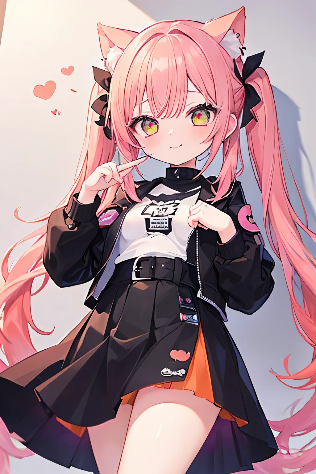 (masterpiece、Best Quality、Super detailed)、(( one girl ))、(( Pink Hair))、(( twin tails))、((light orange eyes))、 Evil Smiles 、((Green))、 earrings for a woman alone、(( smaller breasts))、(( black t-shirt ))、((Black leather jacket))、(( check skirt))、Edge Skirt、Multiple Chains、Cowboy Shooting、City Background、((((( )))))、heart❤、((sweat、vapor)）,cat ears