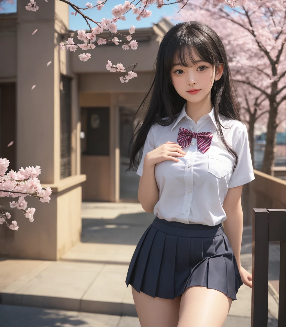 cute  girl, cute smile、pretty face、Height: approx. 160cm, brown eyes, ((Wearing a Japanese high school uniform))、wear a pleated skirt、In the row of cherry blossom trees、double ponytail black hair, masterpiece, 最high quality, 超high quality, high quality, High resolution, ultla High resolution, disorganized, 4k, 8K, 16k, very detailed, Complex, great shading, high contrast, realistic, photo realistic, RAW photo, photo shoot, super detailed illustrations, shortening, perfect anatomy, correct anatomy, perfect proportions, perfect face, perfect hands, perfect legs, perfect fingers