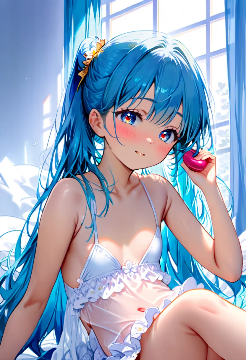 masterpiece, best quality, extremely detailed, (illustration, official art:1.1), 1 girl ,(((( light blue long hair)))), ,(((( light blue long hair)))),light blue hair, , long hair ((blush)) , cute face, big eyes, masterpiece, best quality,(((((a very delicate and beautiful girl))))),Amazing,beautiful detailed eyes,blunt bangs((((little delicate girl)))),(((tareme))),droopy eyes.(true beautiful:1.2), sense of depth,dynamic angle,,,, affectionate smile, (true beautiful:1.2),,(tiny 1girl model:1.2),)(flat chest),amazing, beautiful detailed eyes, blunt bangs (((little delicate girl)))), tareme (true beautiful: 1.2),puffy nipple ,areolae　、masterpiece, best quality, very aesthetic, absurdres, 1girl, solo, (selfie), nude, pussy juice, , sitting, (half open eyes), light smile, head tilt, embarrassed, blush, tired hair, heart-shaped pupils, sweat, zettai ryouiki, messy room, heart,A used pink vibrator on the bed、((petite,loli,toddler,short stature,9yo、Petite))),Ask for a hug