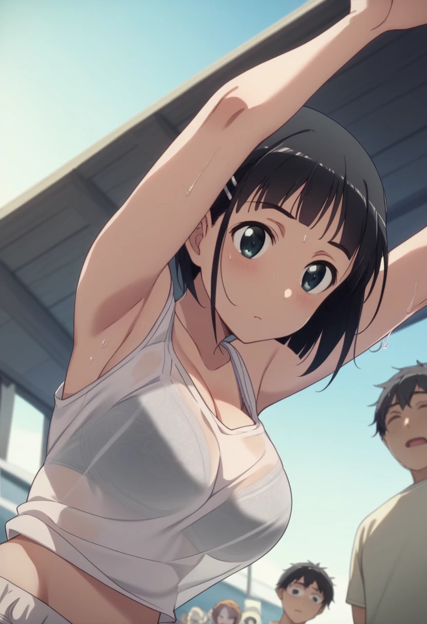 Best Quality、masterpiece、 girl１people、 short hair、Black Hair、Big Breasts、Re-suguha 、Kirihara Naoha 、 perfect body、tank top black、Bloomers、White Bra、 Sports Fields、　shirt mismatch 　Bra visible　Wet Shirt　Hold your chest with your arms　Middle-aged man　Sneaking up　Harassment　The tank top is misaligned to below the chest　 high angle　down　blouse、See-through bra　　crowd　Spectacle　少年がremoving shirt、Boy lifts breast