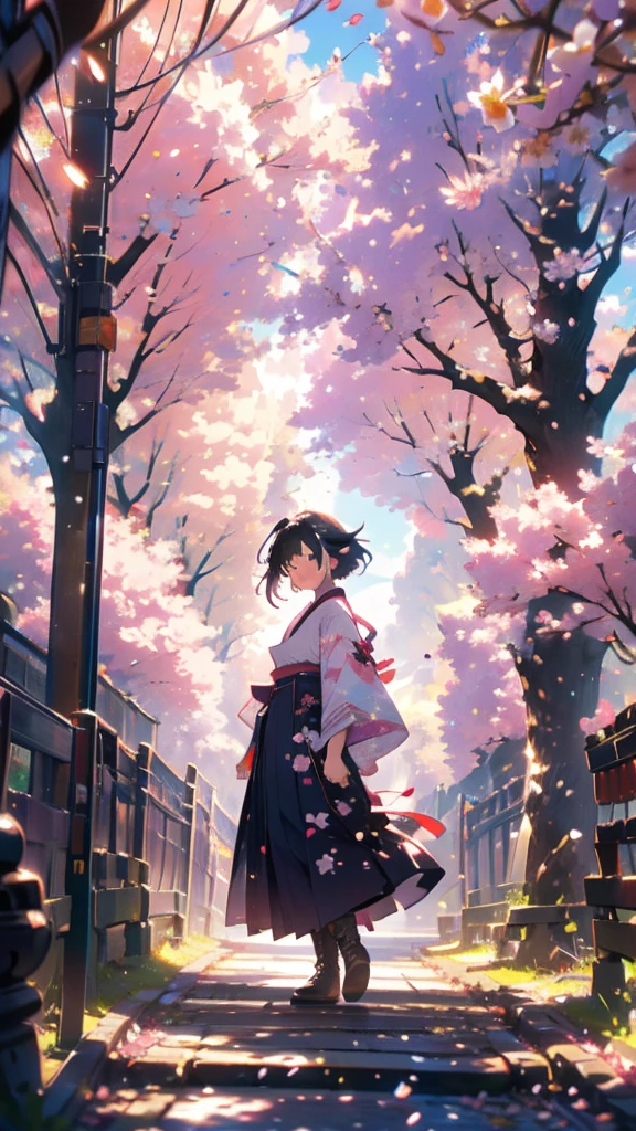 sfw,最高masterpiece,Best Quality,  Hi-Res, OFFICIAL ART, Advertising Photos,masterpiece,(1 person:2.0),  Neutral Male ,Dress neatly,(7 heads), Black Hair ,( short bob cut hair), flat chest,(Cherry blossom pattern furuncle ),(Purple Hakama, beautiful gradation hakama),Maxi length hakama , obi shaped like a flower,pink belt , brown lace up boots,Cherry blossom trees,standing,smile, soft writing,Hair accessories