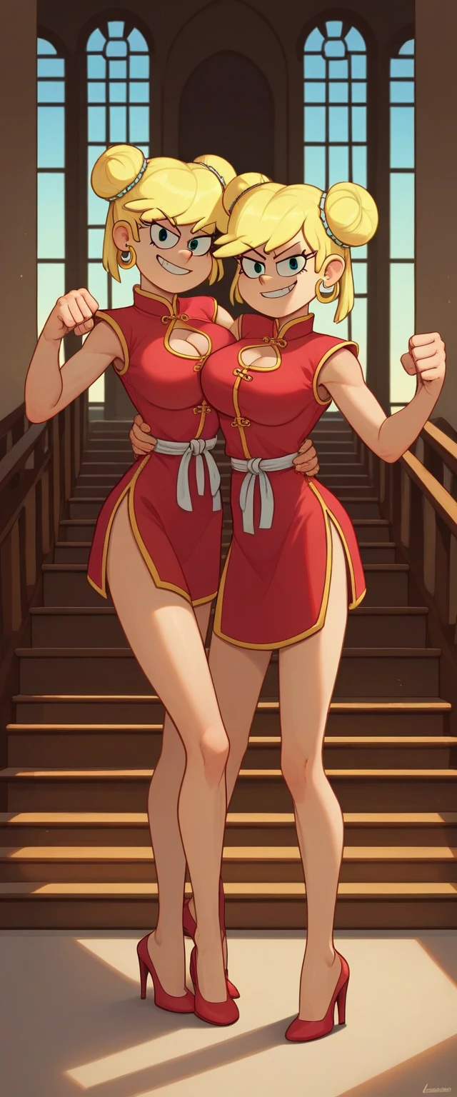 leni loud, 2girl, duo, 24yo girl, large breasts, green cheongsam,  inside of a chinese temple, looking at viewer, blonde hair, two hair buns , hands  score_9, score_8_up, score_7_up, high heels, teep fighting stance,martial arts, stairs behind her, guarding the stairs, chest window, twins