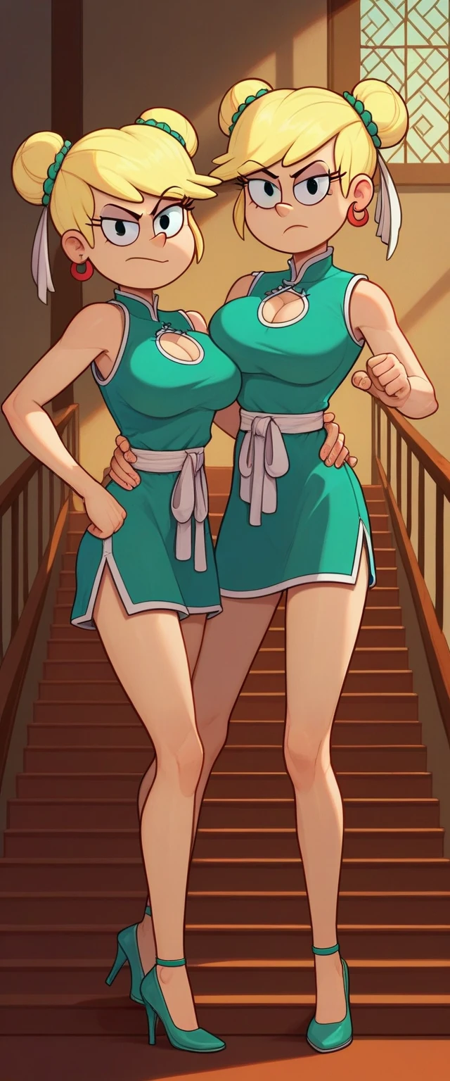 leni loud, 2girl, duo, 24yo girl, large breasts, green cheongsam,  inside of a chinese temple, looking at viewer, blonde hair, two hair buns , hands  score_9, score_8_up, score_7_up, high heels, teep fighting stance,martial arts, stairs behind her, guarding the stairs, chest window, twins