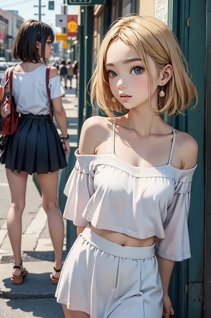  Masterpiece、 High Quality ,、No background、1 teenage girl,girl, high school students、blonde short hair、Perfect Portrait 、side view,Open the center of your lips,, Standing Pose ,cropped off-shoulder, mini skirt