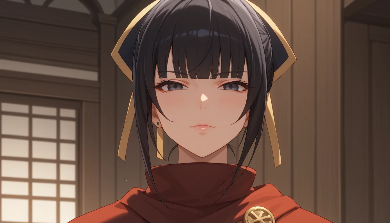 Score_9, Score_8_up, Score_7_up, Score_6_up, Score_5_up, Score_4_up, Source_anime, Tag1, Tag2, Quality_masterpiece, ((1girl, Narberal Gamma (Overlord), black hair)), Anatomically correct, Beautiful face, Perfect face, Highly detailed beautiful face and eyes, Attractive face, Detailed face, Delicate facial features, Detailed skin, hand behind back, ((cowboy shot, far shot)), 