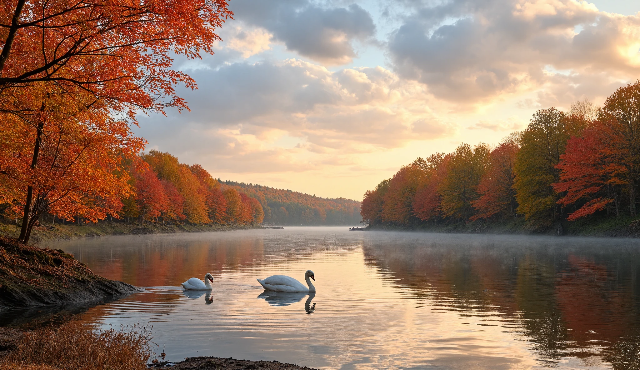 The breathtaking beauty of nature is captured in detail in this ultra-realistic landscape. The sky is a fantastic shade of colour. Each leaf on the trees in crimson and golden hues is painted with meticulous attention to detail, and the vivid transition of autumn is rendered authentically. The lake is a perfect mirror. A father and son of swans are on a sandbank in the lake. Delicate details such as the texture of the bark on the trees and the soft ripples of the breeze across the water's surface. A realistic image that makes the viewer question the boundary between image and reality.