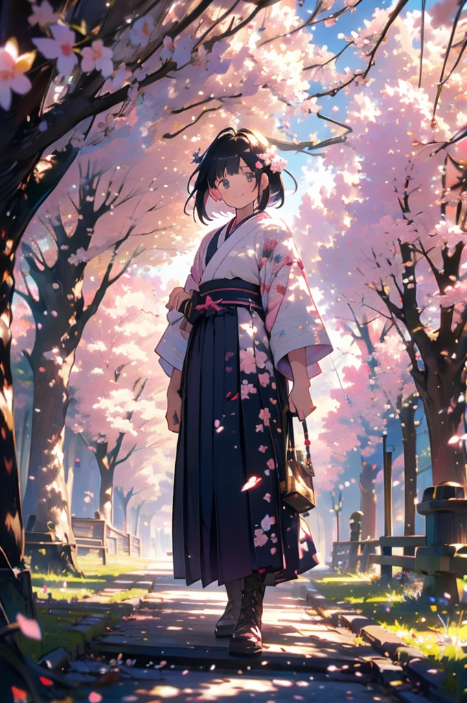 sfw,最高masterpiece,Best Quality,  Hi-Res, OFFICIAL ART, Advertising Photos,masterpiece,(1 person:2.0),  Neutral Male ,Dress neatly,(7 heads), Black Hair ,( short bob cut hair), flat chest,(Cherry blossom pattern furuncle ),(Purple Hakama, beautiful gradation hakama),Maxi length hakama , obi shaped like a flower,pink belt , brown lace up boots,Cherry blossom trees,standing,smile, soft writing,Hair accessories