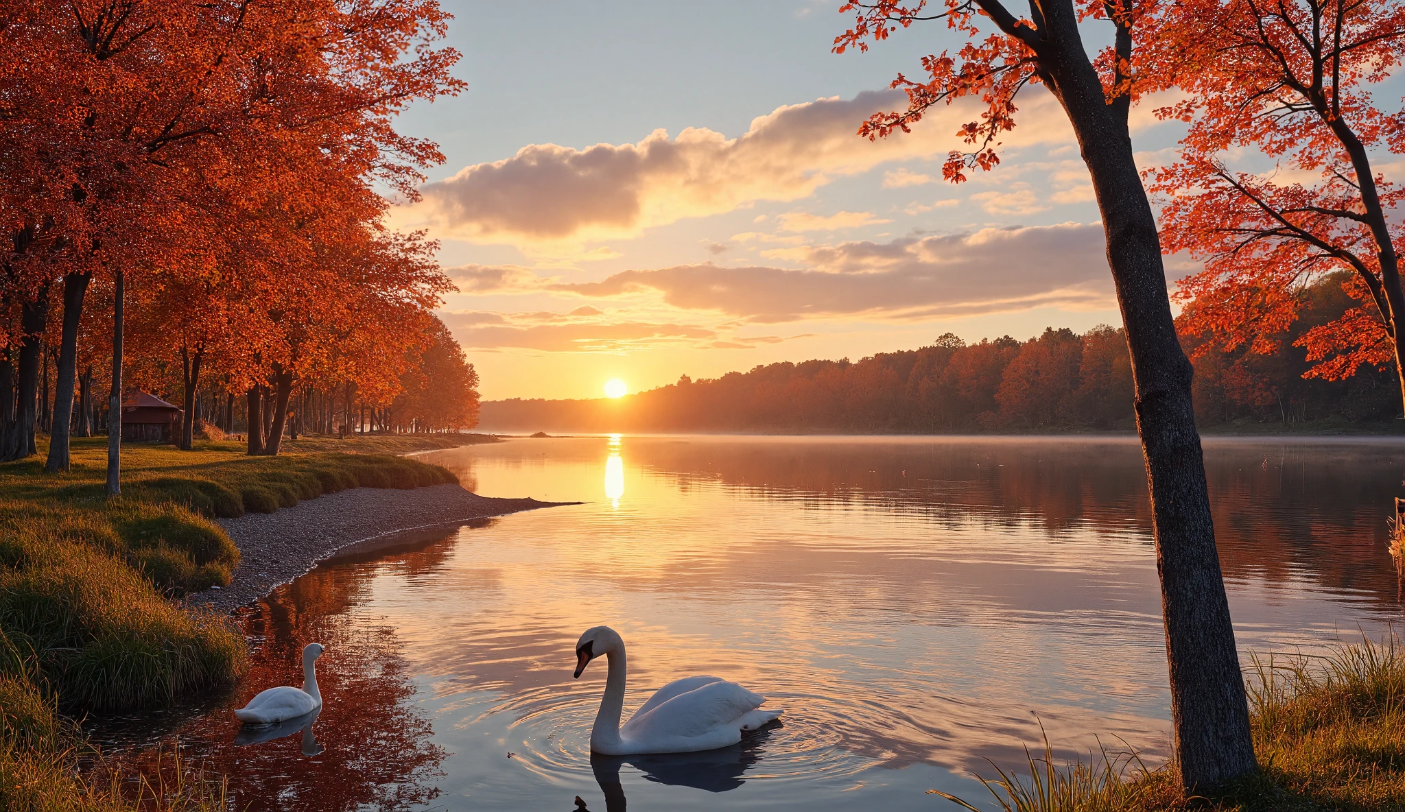 The breathtaking beauty of nature is captured in detail in this ultra-realistic landscape. The sky is a fantastic shade of colour. Each leaf on the trees in crimson and golden hues is painted with meticulous attention to detail, and the vivid transition of autumn is rendered authentically. The lake is a perfect mirror. A father and son of swans are on a sandbank in the lake. Delicate details such as the texture of the bark on the trees and the soft ripples of the breeze across the water's surface. A realistic image that makes the viewer question the boundary between image and reality.