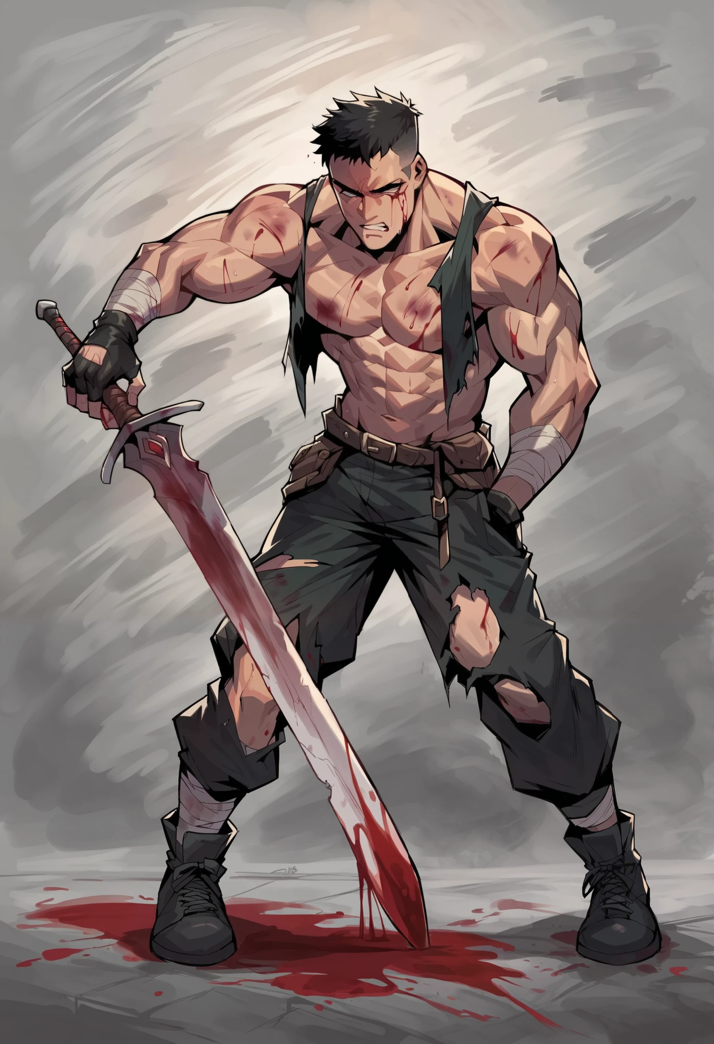masterpiece, best quality, high resolution, sharp focus, ultra detailed, 1 man, solo focus, 25 year-old male, detailed face, high detailed face, detailed face and body, upper body, (lean muscle:1.5), (thin:1.5), tall, fair skin, handsome, perfect face, clean shaven, (very short hair:1.7), (brown hair:1.4), (white headband:1.4), thick black eyebrows, blue eyes, eyes open, serious expression, (shirtless:1.9), large pectorals, (deep bleeding scratch wounds on chest:1.6), (blood splatter on chest:1.6), large biceps, (fingerless brown gloves:1.8), (holding a whip:1.8), narrow waist, (brown trousers and belt:1.8), very large bulge, (about to strike with his whip:1.9), (nighttime:1.6), (dark scene:1.6), (dark blue tones:1.6), (background is a haunted forest at night:1.6)