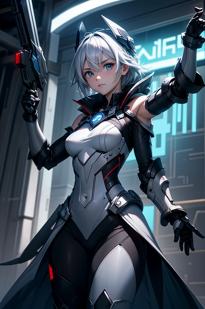 ((((masterpiece, best quality, high resolution)))), 1girl, nude, white hair, red eyes, short wavy hair, average breasts, blush, ahegao, angry, glow, thighs, bare shoulders, collarbone, narrow waist, cleavage, (beautiful detailed face, beautiful detailed eyes), OrigFullArm, full armed, cape, mechanical armor, highleg leotard, Origleotard, thighhighs, breasts expose