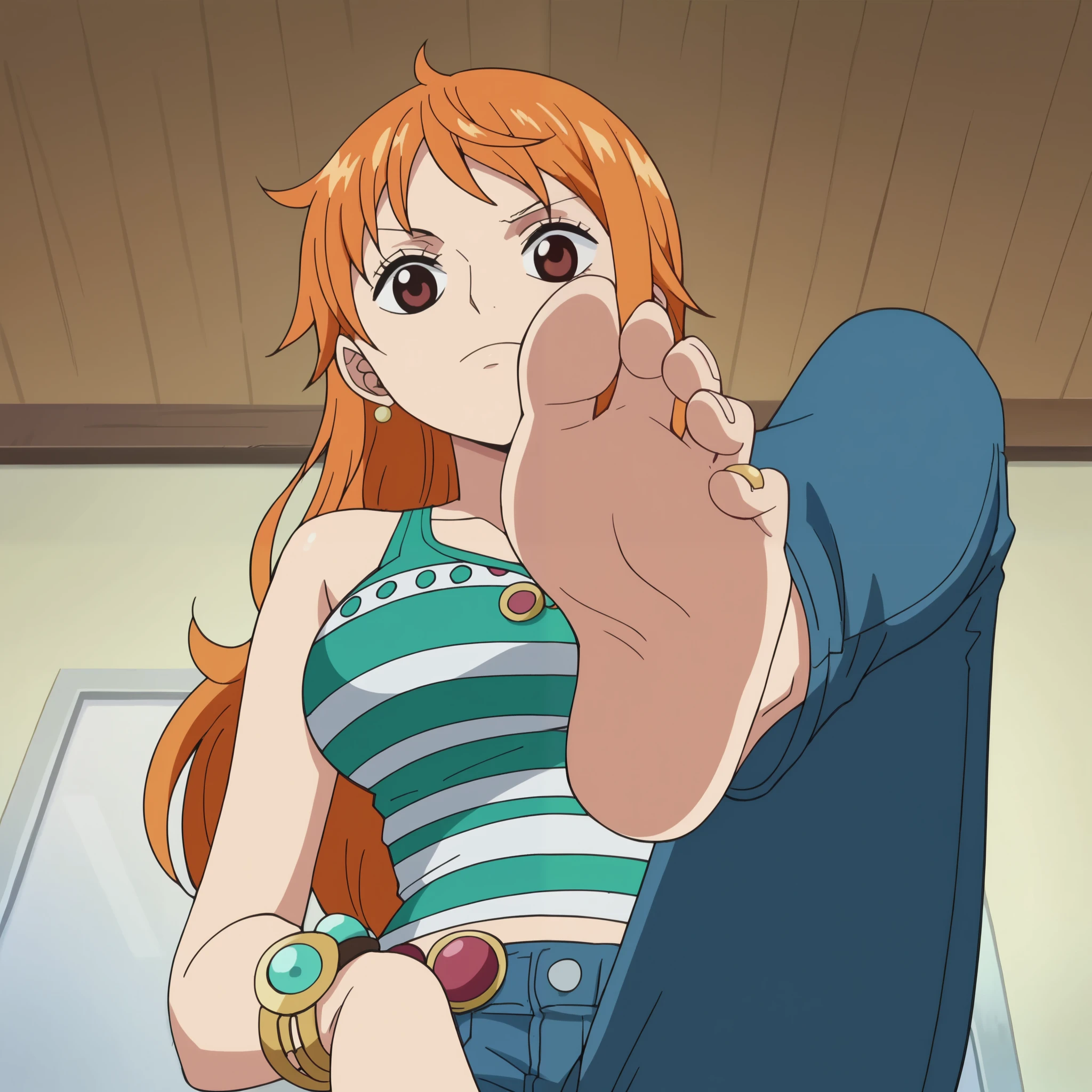 Source_anime, score_9, score_8_up, score_7_up, anime screencap, 8k, absurd res, Nami, 1girl, solo, long orange hair, official style, casual outfit (blue and white striped shirt, jeans, gold bracelets), barefoot, from below, foot focus, in a simple, cozy room, looking at viewer