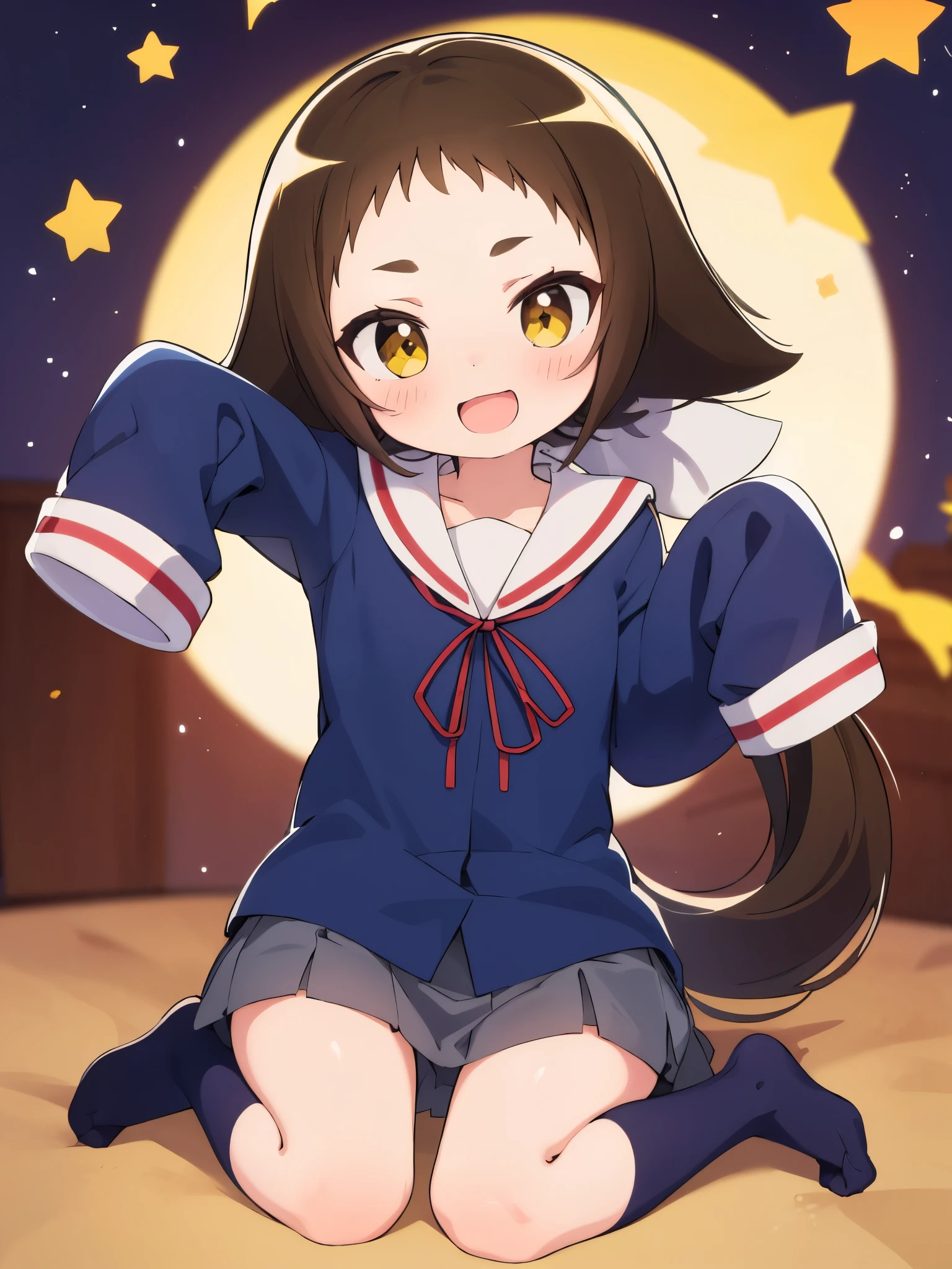 (((((**** face))))),(((((Mimine Mashiro))))),(((((Unconfirmed and ongoing))))),(((Star pattern background))),(((many spoken heart))),((( ponytails))),((( smaller))),((( is embarrassing))),(((((blush))))),((( yellow eyes))),((((( elementary school students))))),((((( super mini skirt ))))),(((((whole body))))),(((((Navy blue uniform))))),((((( is short))))),((( white skin))), panties visible ,((((( s体型))))),(((((Thighs))))),((((( s))))),( chibi),(Best Quality),masterpiece,Best Quality, Hi-Res, very detailed,ultra  Hi-Res,One person, I feel the audience ,Detailed costume, skin texture, Movie Lighting, professional lighting with falling leaves,((((( s))))), white panties,( flat chest),(a bit),cute,(((smile))),(((Brown Hair))),sleeves past wrists, characters with open mouth ,fang, sitting