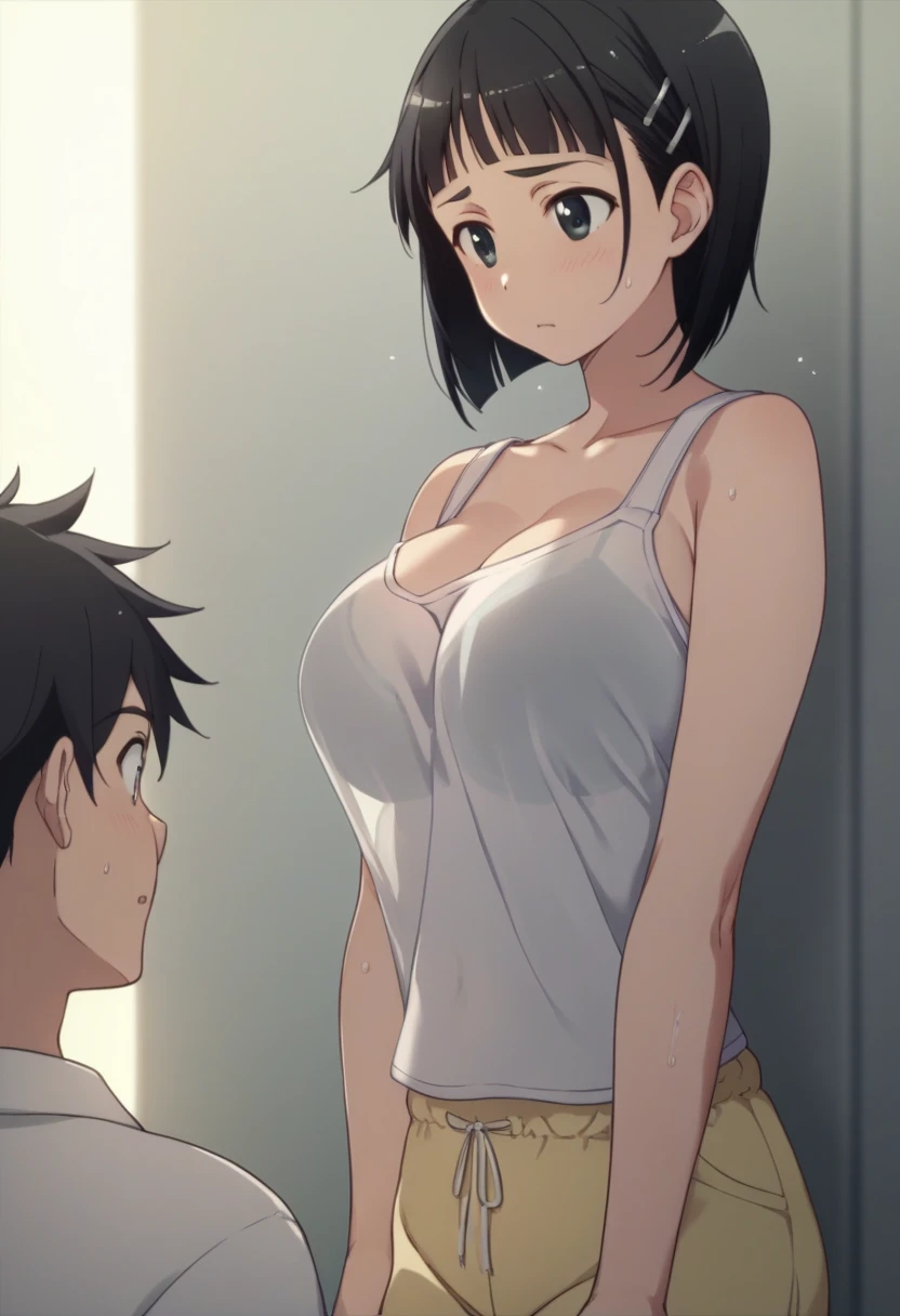 Best Quality、masterpiece、 girl１people、 short hair、Black Hair、Big Breasts、Re-suguha 、Kirihara Naoha 、 perfect body、tank top black、Bloomers、White Bra、 Sports Fields、　shirt mismatch 　Bra visible　Wet Shirt　Hold your chest with your arms　Middle-aged man　Sneaking up　Harassment　The tank top is misaligned to below the chest　 high angle　down　blouse、See-through bra　　crowd　Spectacle　少年がremoving shirt、Boy lifts her breasts　Greping for a year