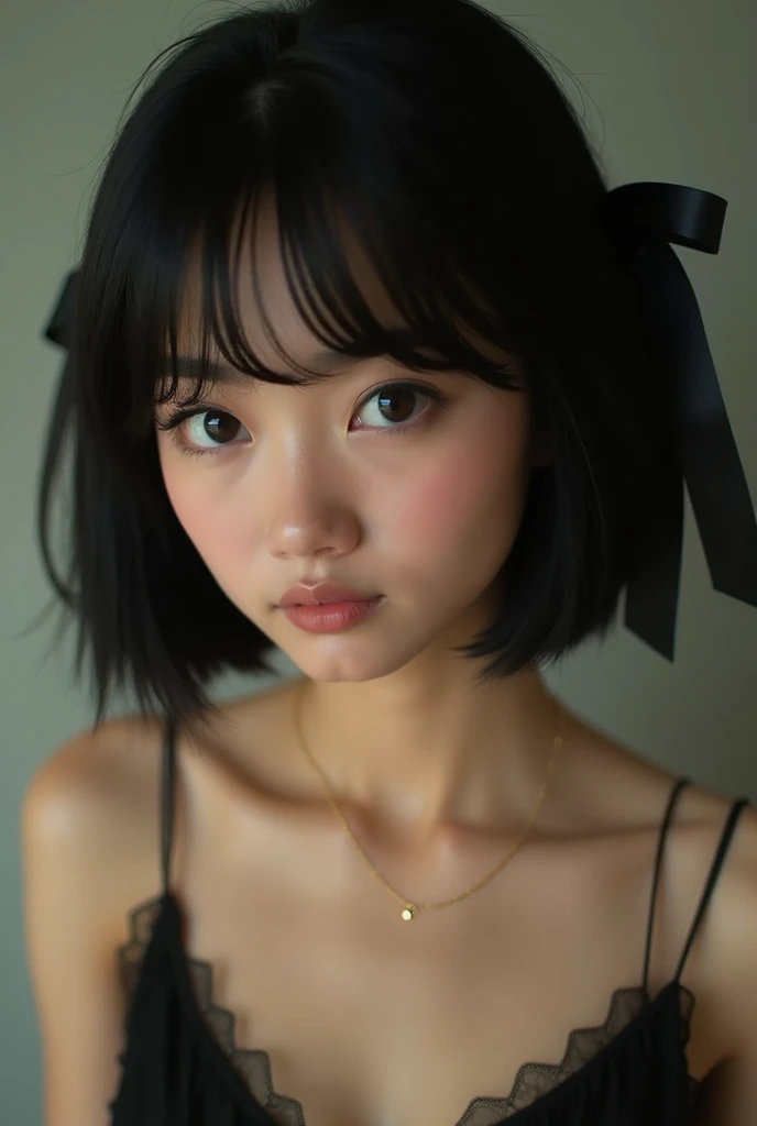 Beauty， Beautiful Girl，Beauty，Beautiful woman，Young lady，Black Hair， short bob，ribbon， real， realBeauty，Healthy，Waking up，Mysterious， cute，Idol，cute，Curly eyes，