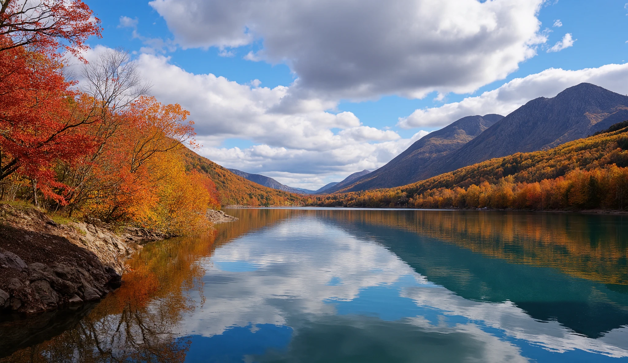 The breathtaking beauty of nature is captured in detail in this ultra-realistic landscape. The sky is a fantastic shade of colour. Each leaf on the trees in crimson and golden hues is painted with meticulous attention to detail, and the vivid transition of autumn is rendered authentically. The lake is a perfect mirror. A father and son of swans are on a sandbank in the lake. Delicate details such as the texture of the bark on the trees and the soft ripples of the breeze across the water's surface. A realistic image that makes the viewer question the boundary between image and reality.