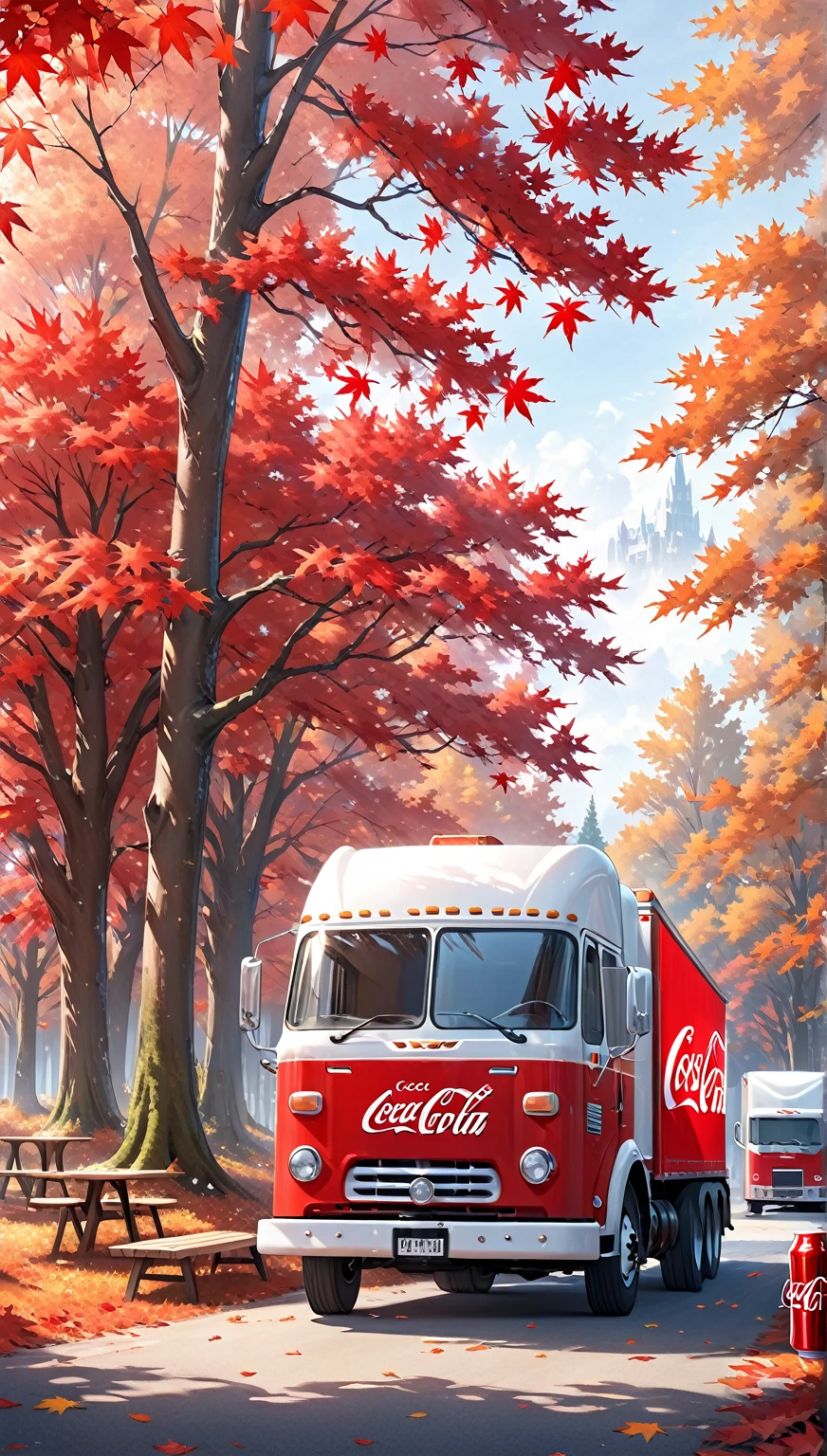 Best Quality、masterpiece、 ultra high resolution 、 location Canada 、 Maple Tree 、The season is autumn、 red maple 、Deciduous trees 、 maple leaves dance 、 Coca Cola truck runs through the woods 、table、 Coca Cola glass 、グラスはtableの上。 truck horn 、 large red trailer can be seen in the distance