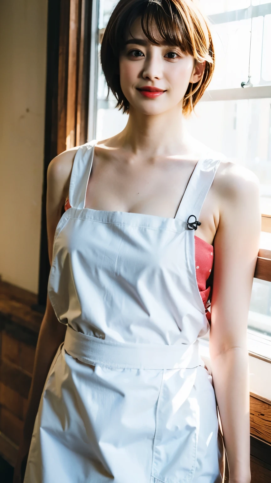 "High quality, masterpiece, 4K, 8K, female, happy, smiling, looking back, short black hair, black eyes, long sleeves, pants, apron, in her 20s or 30s, Japanese, white background, pink background, orange background, inside a cafe, in the afternoon, as a waitress, taking an order, bright atmosphere, calm atmosphere, photorealistic, realistic photo, raw photo, promotional poster, cowboy shot, from the side, in focus with a blurred background, white, pink, orange."
