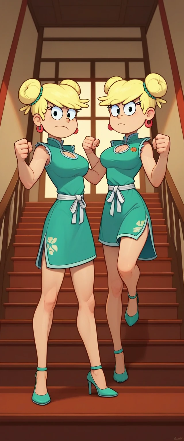 leni loud, 2girl, duo, 24yo girl, large breasts, green cheongsam,  inside of a chinese temple, looking at viewer, blonde hair, two hair buns , hands  score_9, score_8_up, score_7_up, high heels, teep fighting stance,martial arts, stairs behind her, guarding the stairs, chest window, twins