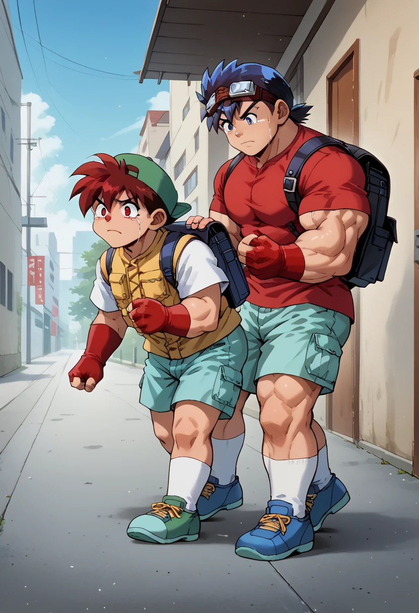 score_8, score_8_up, score_7_up, score_6_up, source_anime, male focus, , m3g4m4n, male focus, brown hair, green eyes, android, hair between eyes, Robe, looking down, huge muscles, huge erect penis,( anal sex,standing doggy style), rubber suit,Best Quality, High Quality,Crying face, impending sexual activity,Muscle pose score_9,score_8_up,score_7_up,score_6_up,score_5_up,score_4_up,source_anime,
BREAK
2boys,multiple boys,male focus,,male ,,blue hair,blue eyes,goggles,goggles on head,red hair,red eyes,hat,Baseball cap,
Full shot of SeiBago ,bag,backpack,shorts,male focus,2boys,Baseball cap,hat,goggles,gloves,fingerless gloves,multiple boys,backwards hat,red eyes,walking,blue hair,goggles on head,shirt,green shorts,socks,blue footwear,blue eyes,white socks,shoes,pants,short hair,closed mouth,