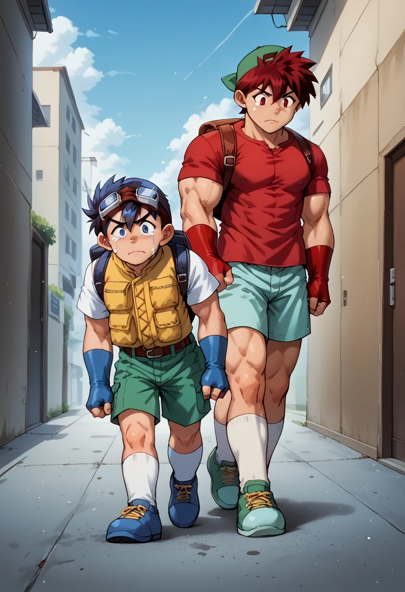 score_8, score_8_up, score_7_up, score_6_up, source_anime, male focus, , m3g4m4n, male focus, brown hair, green eyes, android, hair between eyes, Robe, looking down, huge muscles, huge erect penis,( anal sex,standing doggy style), rubber suit,Best Quality, High Quality,Crying face, impending sexual activity,Muscle pose score_9,score_8_up,score_7_up,score_6_up,score_5_up,score_4_up,source_anime,
BREAK
2boys,multiple boys,male focus,,male ,,blue hair,blue eyes,goggles,goggles on head,red hair,red eyes,hat,Baseball cap,
Full shot of SeiBago ,bag,backpack,shorts,male focus,2boys,Baseball cap,hat,goggles,gloves,fingerless gloves,multiple boys,backwards hat,red eyes,walking,blue hair,goggles on head,shirt,green shorts,socks,blue footwear,blue eyes,white socks,shoes,pants,short hair,closed mouth,