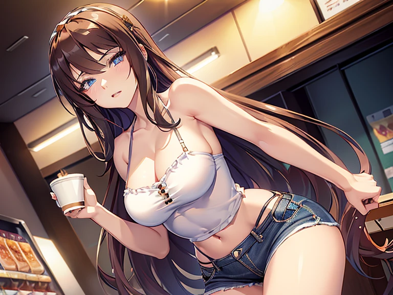 (masterpiece, Best Quality, ultra-detailed, high resolution, extremely detailed CG, official art, Professional Lighting, Perfect Anatomy, anime colors), (from below), looking at viewer, cowboy shot, perfect body, a 24yo beautiful girl, sidelocks, hairband, earrings,medium hips, glamorous body,a small face,beautiful-makeup,Makeup light,dark brown hair, Amazing Cleavage, thin waist, cute ass, Raised sexy, small breast: 1.2 posed cleavage:1.2, (off shoulders,Denimbra,legginullnude), micro denim shorts, bare legs, nail_polish, pale skin, Waiting friend, (morning:1.5), tokyo, (convenience store:1.3), outdoor, (depth of field:1.3), contrapposto, (Hold a coffee in your hand:1.3),delicate beautiful face, Bright blue eyes, cute eyes, sparkling eyes, Big eyes, (perky chest:1.1), (pointed chest:1.3), looking at viewer,
