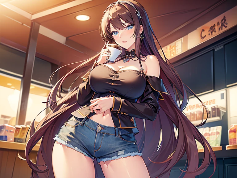 (masterpiece, Best Quality, ultra-detailed, high resolution, extremely detailed CG, official art, Professional Lighting, Perfect Anatomy, anime colors), (from below), looking at viewer, cowboy shot, perfect body, a 24yo beautiful girl, sidelocks, hairband, earrings,medium hips, glamorous body,a small face,beautiful-makeup,Makeup light,dark brown hair, Amazing Cleavage, thin waist, cute ass, Raised sexy, small breast: 1.2 posed cleavage:1.2, (off shoulders,Denimbra,legginullnude), micro denim shorts, bare legs, nail_polish, pale skin, Waiting friend, (morning:1.5), tokyo, (convenience store:1.3), outdoor, (depth of field:1.3), contrapposto, (Hold a coffee in your hand:1.3),delicate beautiful face, Bright blue eyes, cute eyes, sparkling eyes, Big eyes, (perky chest:1.1), (pointed chest:1.3), looking at viewer,
