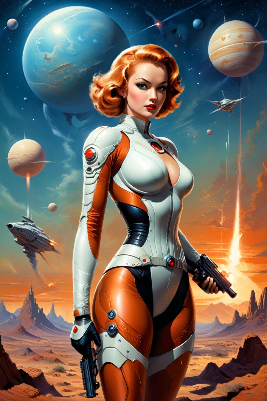 by Jim Burns, .1950's pulp sci-fi female space cadet, holding a ray gun rifle at ready, giant gas planet background,.(professional poster art, bold lines:1.4),.(pulp sci-fi,  beautiful, intricate details, masterpiece, best quality:1.4),.cinematic full body shot, dynamic pose,.pulp sci-fi poster art color palette,.dramatic and dynamic lighting,..