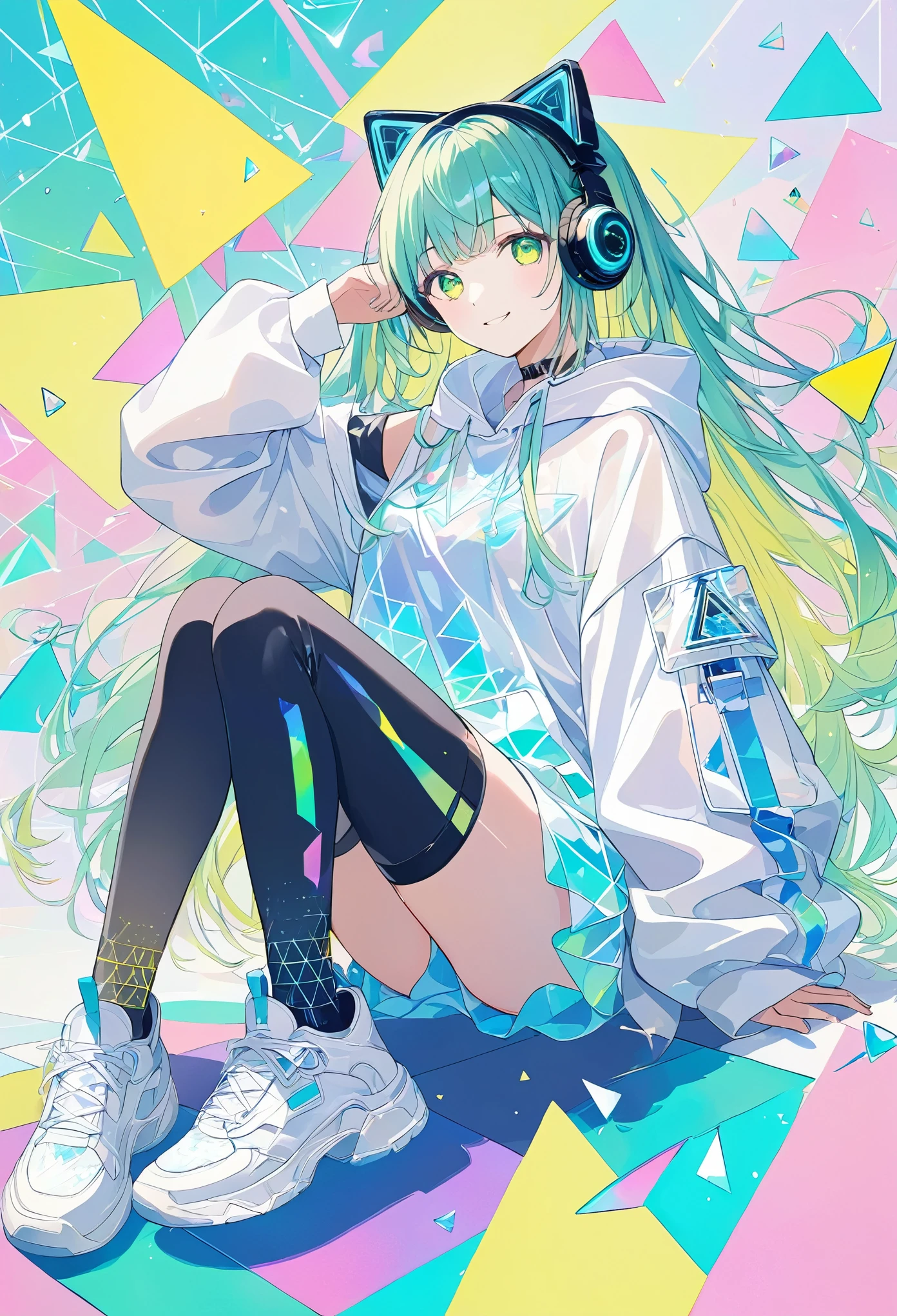 ((pastel))、Official illustration style, geometric pattern background ,White base, neon triangles and musical notes 1 woman ,whole body, frontal angle , cyber android ,smile, wearing black cyber headphones,((Super detailed))Green Eyes,long hair, gradient hair ,Blue to yellow,pastel,Glass Clothes, drop shoulder ,with blue pattern,yellow ball on chest, dazzling light , neon color ,Glitter Effect, white cyber sneakers ,big, translucent socks with blue pattern , blue and yellow masterpiece ,Best Quality,Exquisite,8k,  absurd,Super detailedな挿絵,( Viewers )