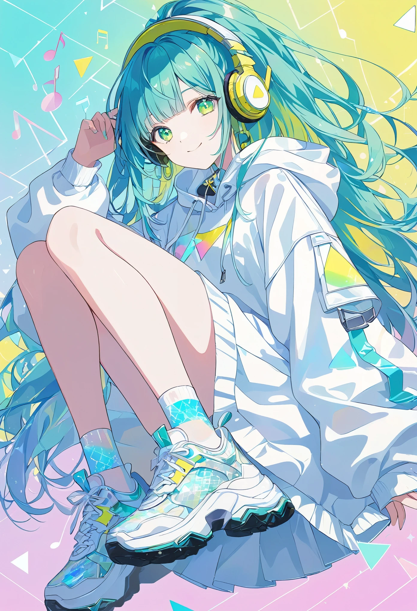 ((pastel))、Official illustration style, geometric pattern background ,White base, neon triangles and musical notes 1 woman ,whole body, frontal angle , cyber android ,smile, wearing black cyber headphones,((Super detailed))Green Eyes,long hair, gradient hair ,Blue to yellow,pastel,Glass Clothes, drop shoulder ,with blue pattern,yellow ball on chest, dazzling light , neon color ,Glitter Effect, white cyber sneakers ,big, translucent socks with blue pattern , blue and yellow masterpiece ,Best Quality,Exquisite,8k,  absurd,Super detailedな挿絵,( Viewers )