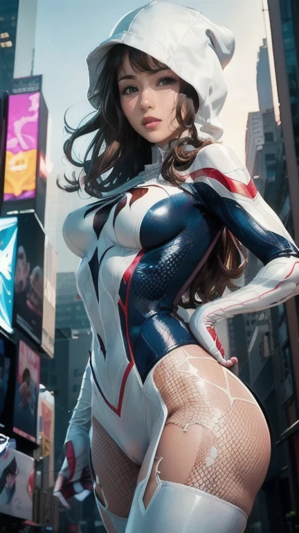 (masterpiece, 4K resolution, Ultra-realistic,  several people having fun with each other while having very detailed ), ( white costume superhero theme, Charisma, 1 woman,  Times Square in New York,  Spider Gwen（Spider-Gwen  Spider-Man  costume,  superheroine ), [((23 years old), ( semi-long brown hair:1.2), whole body, ( blue eyes:1.2), ( Spider-Man &#39; Dynamic Pose ) ((insufficient々New urban environment):0.8)| (cityscape, At night,  Dynamic Light ), (full moon))],Very large breasts sticking out of the body ,  tight waist with abs , Big round butt ,  erect bink nipples ,  Beautiful Pink Pussy ,  has a beautiful well-balanced body line,  high angle,  full shot , I'm wearing a costume from the neck down , An ultra-thin costume that shows the shape of nipples, boobs, and pussy, コスチュームの胸には Spider-Man の蜘蛛のマークがある, She is posing to show off her big breasts , 彼女whole bodyを正面から照らす自然光, 彼女のwhole bodyのポートレート,   focus from chest to face , smile, Anatomically correct , 