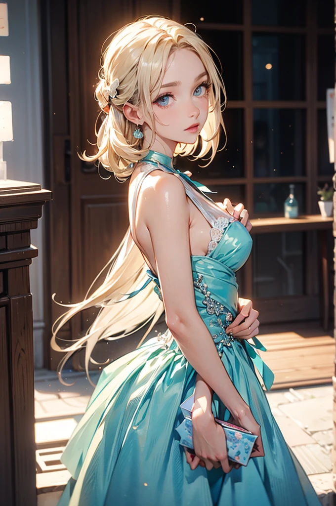 highest quality、4K quality、lean against the wall、Beautiful cleavage、high school gal、Frilled Skirt、Beautiful Style、tall、Small breasts、Looking back、Bare buttocks、Small Ass、blonde ponytail、Shy face、Bare shoulders、ultra detail eye