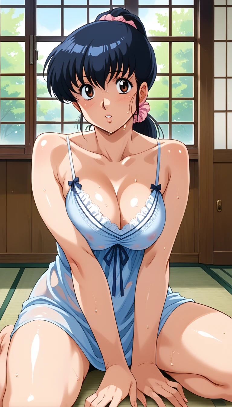 score_9, score_8_up, score_7_up, source_anime, rating_safe, high resolution, intricate details, 1980s \(style\), solo, 1girl, kyoko otonashi, a Japanese mature woman, sitting on a floor, open legs, (soaked chemise), large breasts, brown eyes, black hair, ponytail hair, hair scrunchie, (sensual posture, sweat, sweaty, lewdlook:1.2), shiny skin, looking at viewer, indoors, home, old Japanese apartment, open windows, hot summer day, 