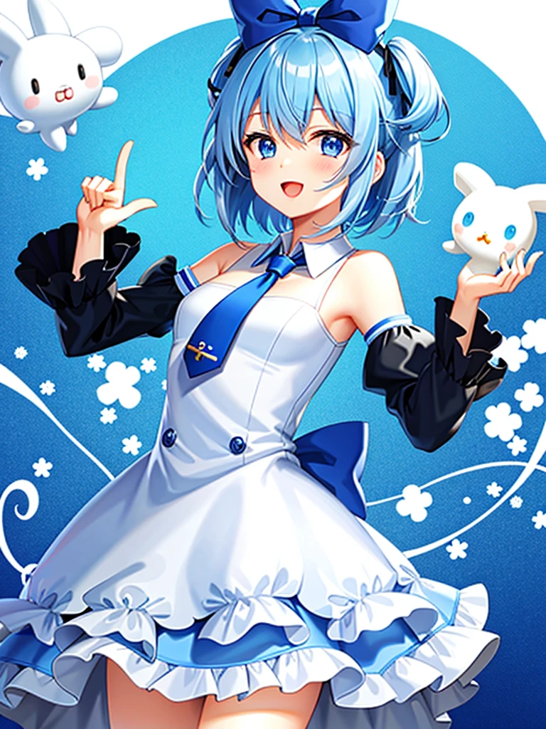  1 girl, Alone, Cynamic,  blue hair,  blue eyes,  hair ring,  hair bow, (blue bow), (Cinnamoroll, Tie your ears, Sanrio, 1Other, biology:1.2),  Black Sleeves ,  bare shoulders,  blue tie ,  wide sleeve , Colored Shirt,  detachable sleeve , Tic,  blue tie , Frill collar,  frill shirt, Gorgeous, Cute, Cowboy Shooting, microphone,