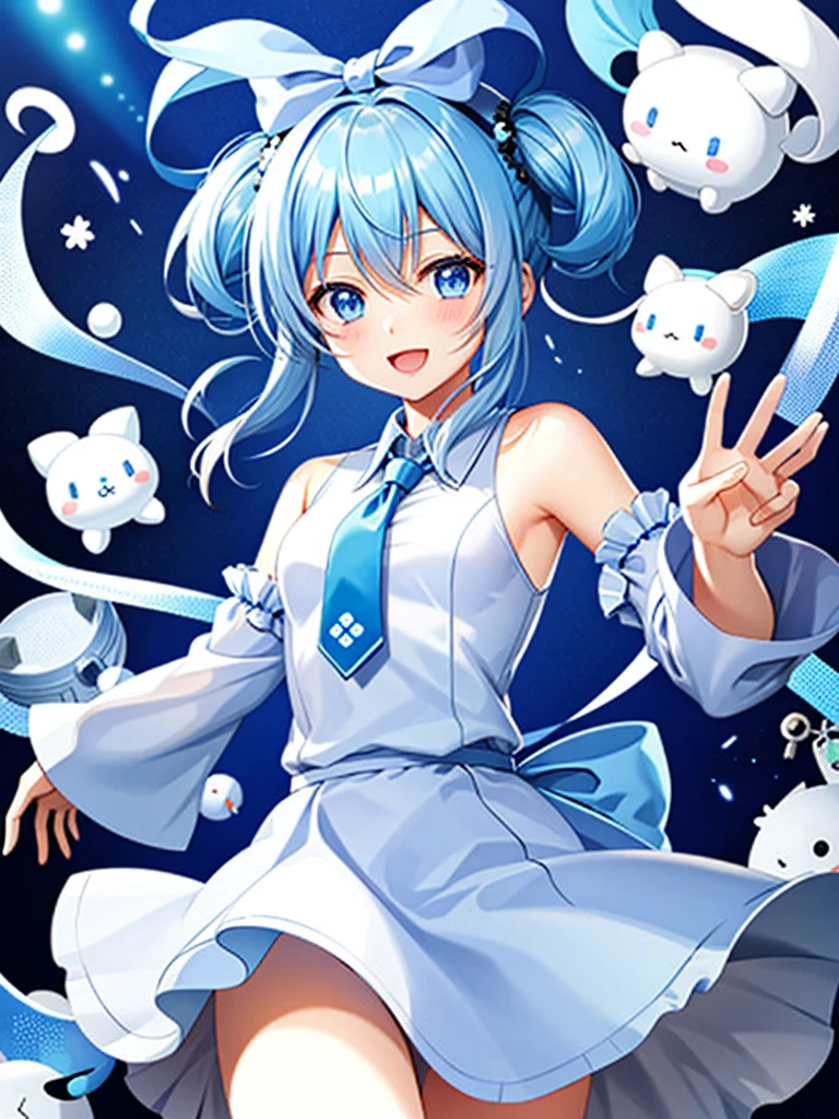  1 girl, Alone, Cynamic,  blue hair,  blue eyes,  hair ring,  hair bow, (blue bow), (Cinnamoroll, Tie your ears, Sanrio, 1Other, biology:1.2),  Black Sleeves ,  bare shoulders,  blue tie ,  wide sleeve , Colored Shirt,  detachable sleeve , Tic,  blue tie , Frill collar,  frill shirt, Gorgeous, Cute, Cowboy Shooting, microphone,