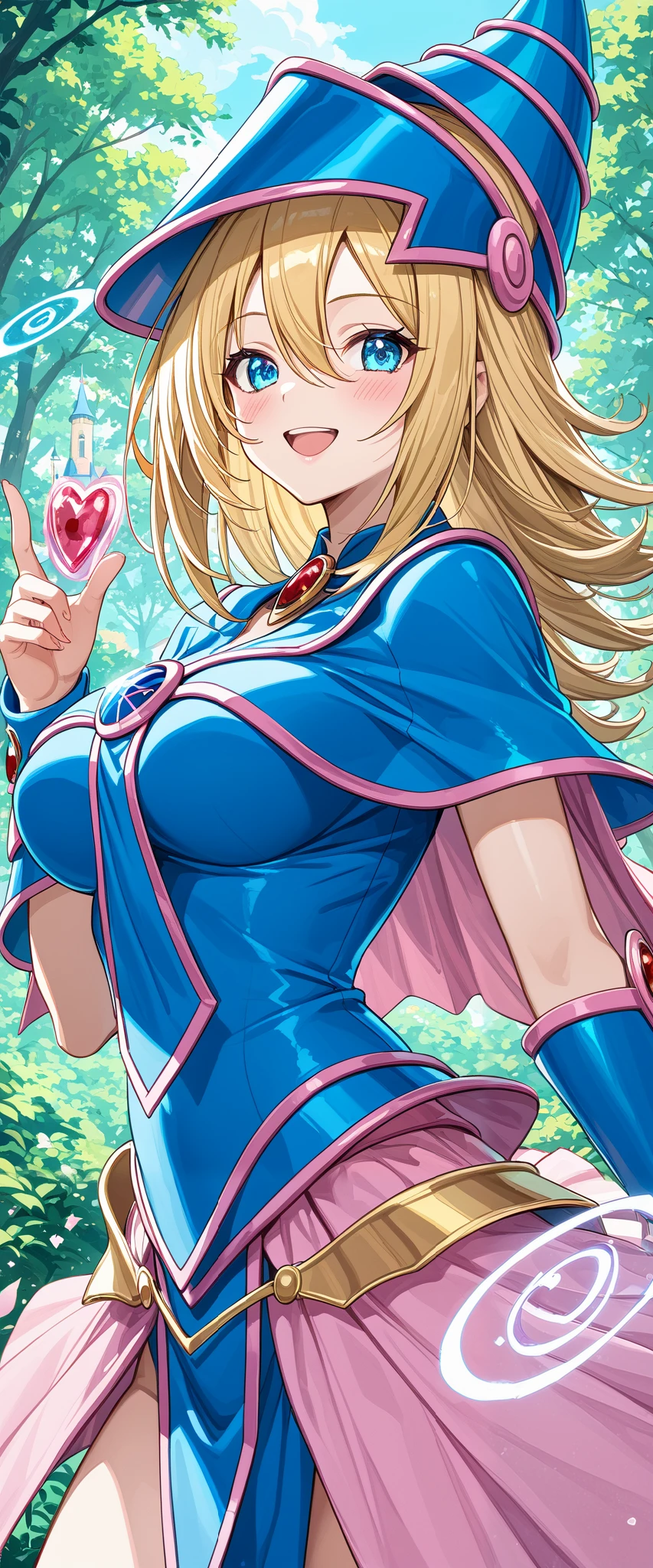 Dark magician girl NSFW, glass cover, upper body, side shot, alternate color, masterpiece, detailed illustration, lifelike, Pixiv top quality, exquisite, {{{Cute 1dark magician girl}}}, super beauty merging with the machine, elaborate shabby chic pattern, shiny beautiful woman, half of my body is made of machine, transparent glass body, the machine inside is transparent, cinematic lighting, dynamic angle, dynamic pose, yugioh blue-eyed white dragon forest, depth of field. Magic macaw at the bottom. Magic hearts showing your VOLUPTUOUS body, BIG TITS, BEAUTIFUL, SENSUAL, BLUSHING from head to toe, STROLLING IN THE CASTLE, SMILING PLAYING WITH MAGIC SEXY, BLONDE HAIR INTERACTING WITH MAGIC
