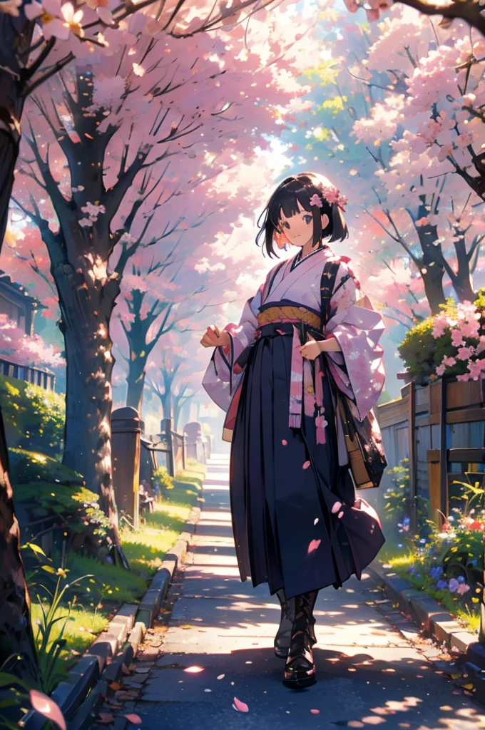 sfw,最高masterpiece,Best Quality,  Hi-Res, OFFICIAL ART, Advertising Photos,masterpiece,(1 person:2.0),  Neutral Male ,Dress neatly,(7 heads), Black Hair ,( short bob cut hair), flat chest,(Cherry blossom pattern furuncle ),(Purple Hakama, beautiful gradation hakama),Maxi length hakama , obi shaped like a flower,pink belt , brown lace up boots,Cherry blossom trees,standing,smile, soft writing,Hair accessories