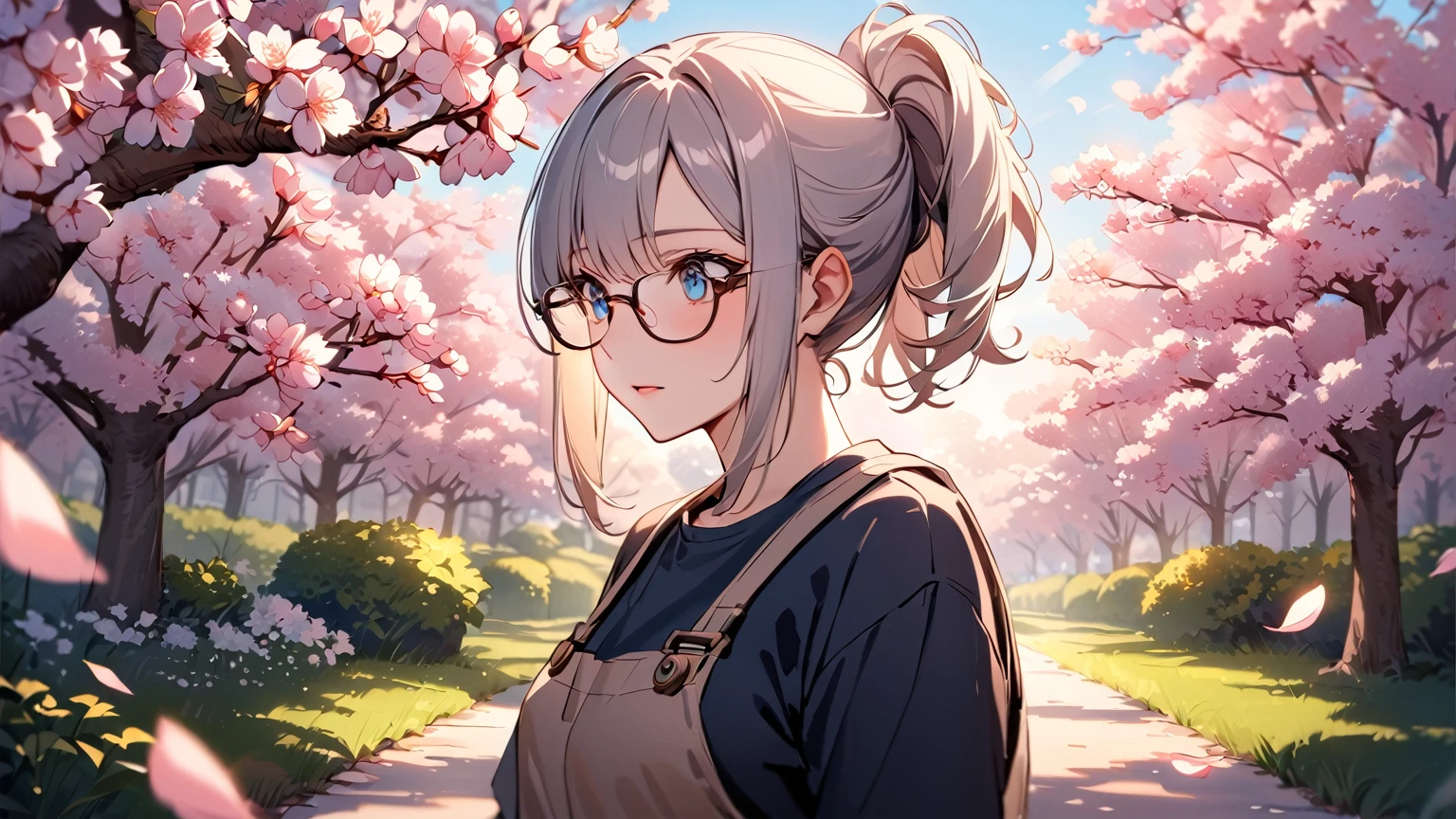 A beautiful scientist with long, silver hair tied back in a loose ponytail, standing in a serene spring garden. She has radiant blue eyes that shine with intelligence, and wears stylish eyeglasses that add a touch of sophistication to her look. Dressed casually yet elegantly, she is wearing a dark blue T-shirt that contrasts with her pale hair, along with a short skirt that completes her modern, relaxed style. The background features a picturesque garden in full bloom, with cherry blossom trees casting delicate pink petals into the air, creating a soft, dreamy atmosphere. The scene captures the essence of spring, with warm sunlight filtering through the branches, illuminating her upper body and face in a natural, gentle glow. Her expression is calm and thoughtful, and the focus on her upper body allows for intricate details in her face, glasses, and outfit. The overall style is realistic yet slightly anime-inspired, with vibrant colors and soft, warm lighting