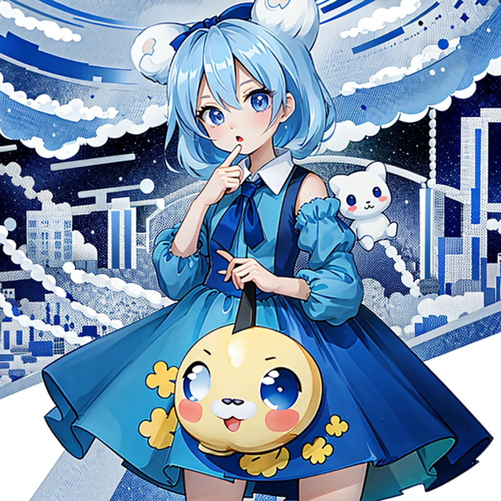  1 girl, Alone, Cynamic,  blue hair,  blue eyes,  hair ring,  hair bow, (blue bow), (Cinnamoroll, Tie your ears, Sanrio, 1Other, biology:1.2),  Black Sleeves ,  bare shoulders,  blue tie ,  wide sleeve , Colored Shirt,  detachable sleeve , Tic,  blue tie , Frill collar,  frill shirt, Gorgeous, Cute, Cowboy Shooting, microphone,