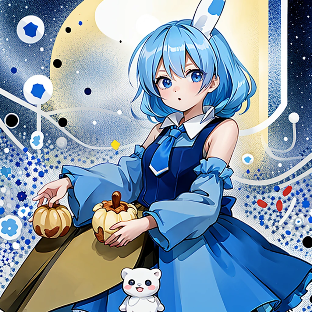  1 girl, Alone, Cynamic,  blue hair,  blue eyes,  hair ring,  hair bow, (blue bow), (Cinnamoroll, Tie your ears, Sanrio, 1Other, biology:1.2),  Black Sleeves ,  bare shoulders,  blue tie ,  wide sleeve , Colored Shirt,  detachable sleeve , Tic,  blue tie , Frill collar,  frill shirt, Gorgeous, Cute, Cowboy Shooting, microphone,