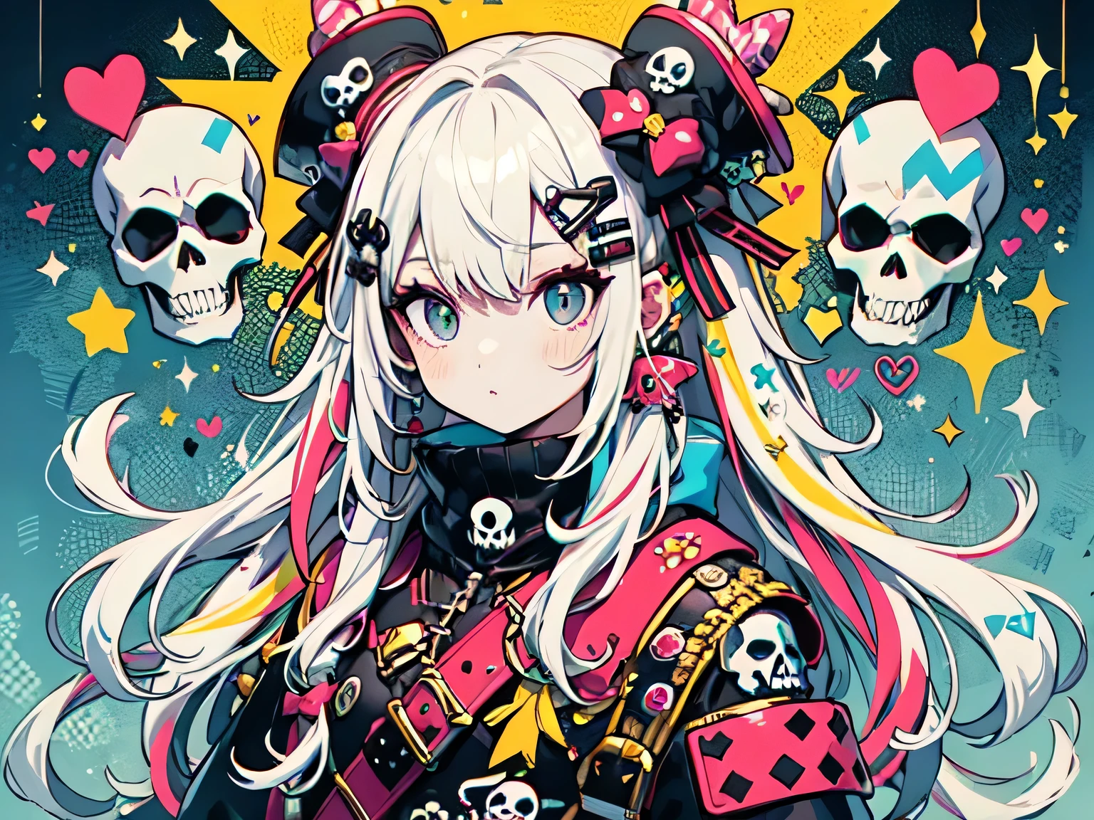"cute, beautiful, Adorable girl wearing pink clothes, yellow, and baby blue color scheme. She is wearing a costume with a SKULL motif inspired by a female pirate.。.... her costume is fluffy and soft, Comes with decorative accessories such as hair clips. Embodying the vibrant and modern Harajuku fashion style。."
