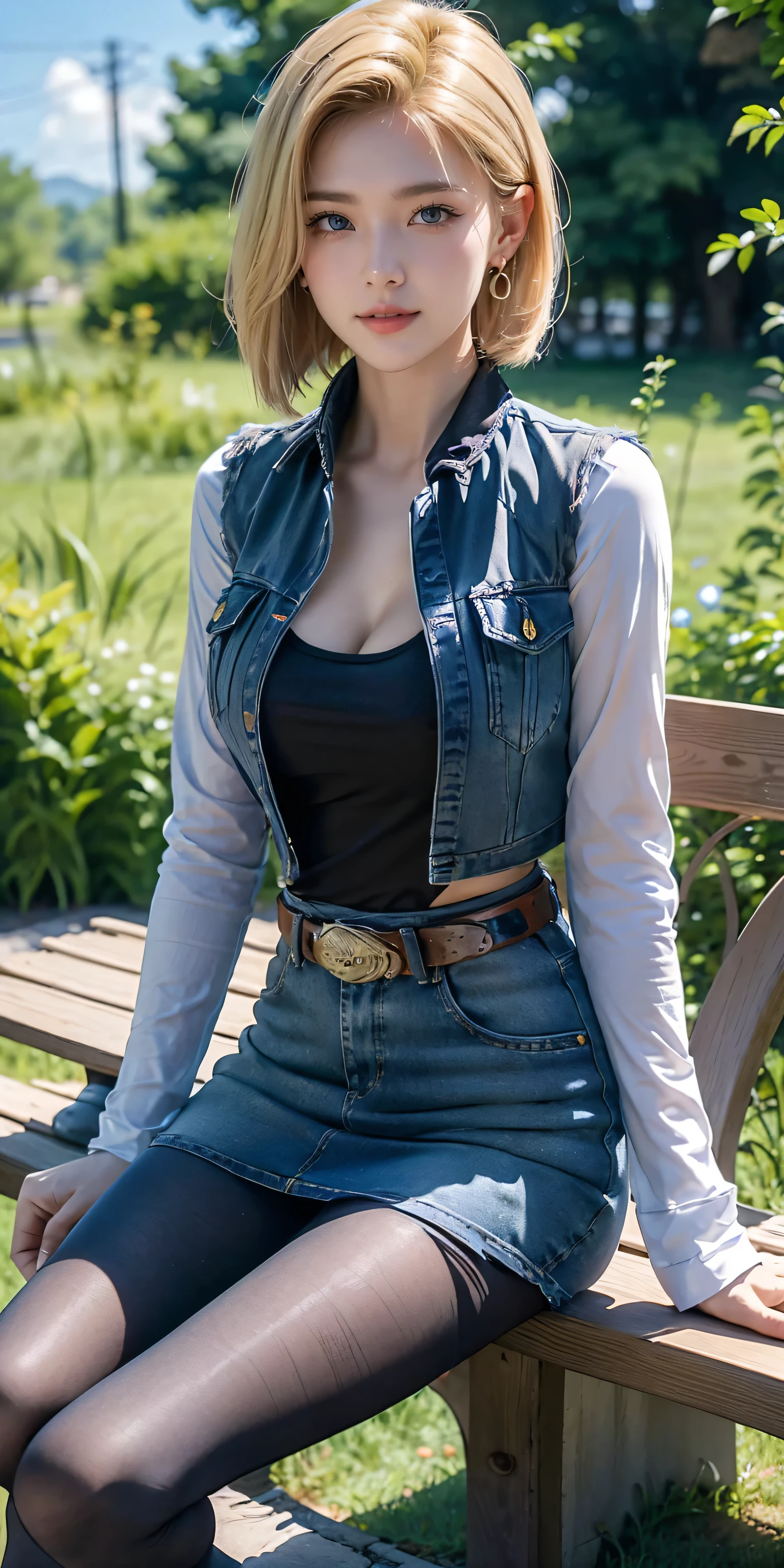Android 18, Light Blonde hair, Medium Bob hair, Blue eyes, Wearing earrings, Long sleeves, Light blue denim mini skirt, The denim skirt's zipper seam line and stitching run vertically straight to the bottom of the skirt. , Open-chested denim vest, Black T-shirt with high cleavage, Large breasts, Women's Western Cowgirl Belt, Dark brown see-through pantyhose, Western short boots, Looking at viewer, Slight smiling with closed lips sitting, She Sit On a bench, she spreads her legs to both sides ,Blue sky, sit on a bench, outside, park, grass, Summer, trees, blue sky, high quality, masterpiece,