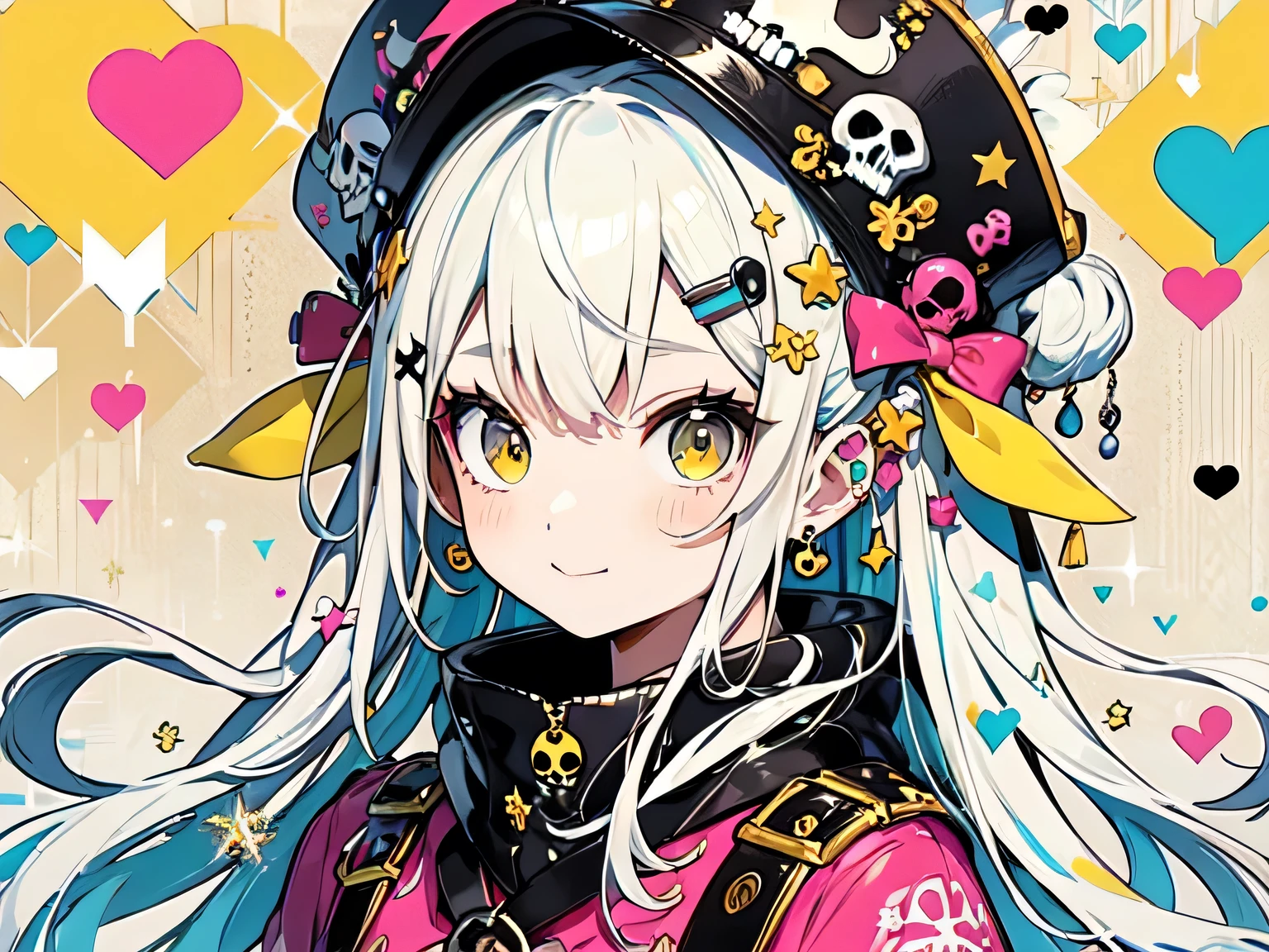 Black Star Red and White style、"cute, beautiful, Adorable girl wearing pink clothes, yellow, and baby blue color scheme. She is wearing a costume with a SKULL motif inspired by a female pirate.。.。.。.... stylish hat, Rock、Comes with decorative accessories such as hair clips. Embodying the vibrant and modern Harajuku fashion style。The background is a pirate ship