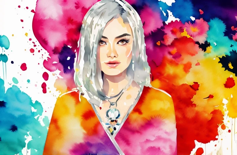 Portrait of a woman with long, silver hair embellished with a vibrant crown of flowers, expressing a serene and enchanting aura, digital illustration in a watercolor style, featuring rich colors and dripping paint effects against a light background.