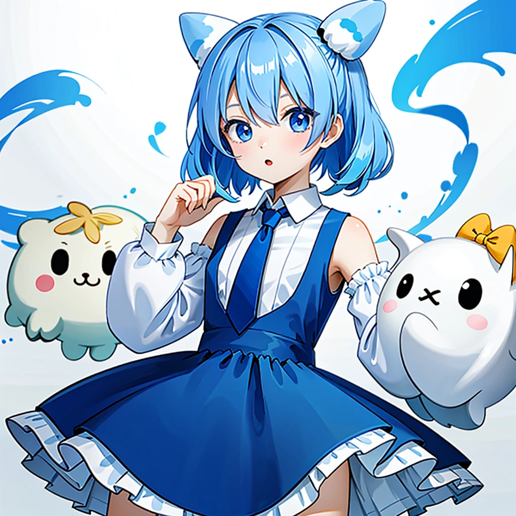  1 girl, Alone, Cynamic,  blue hair,  blue eyes,  hair ring,  hair bow, (blue bow), (Cinnamoroll, Tie your ears, Sanrio, 1Other, biology:1.2),  Black Sleeves ,  bare shoulders,  blue tie ,  wide sleeve , Colored Shirt,  detachable sleeve , Tic,  blue tie , Frill collar,  frill shirt, Gorgeous, Cute, Cowboy Shooting, microphone,